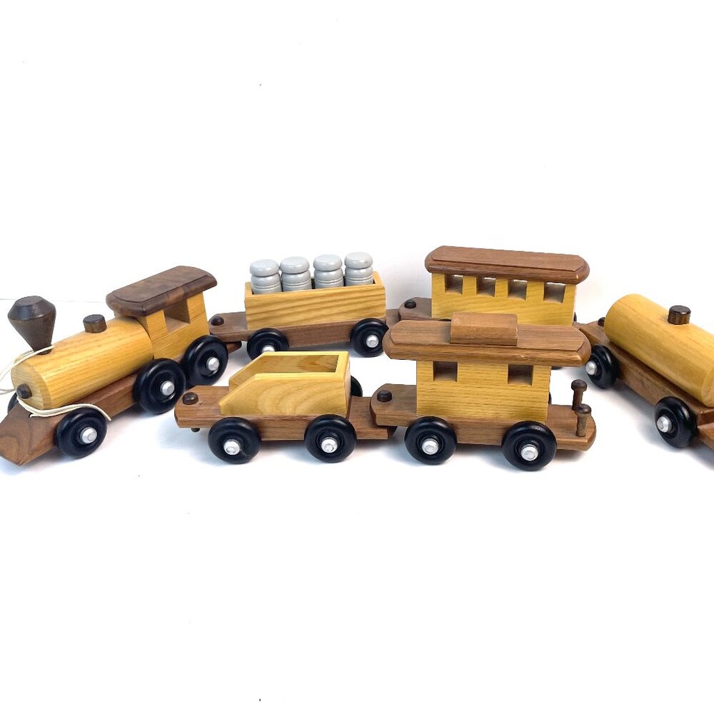 Vintage Wooden Toy Train Set 6 Piece Locomotive and Cars Handcrafted 34" Long